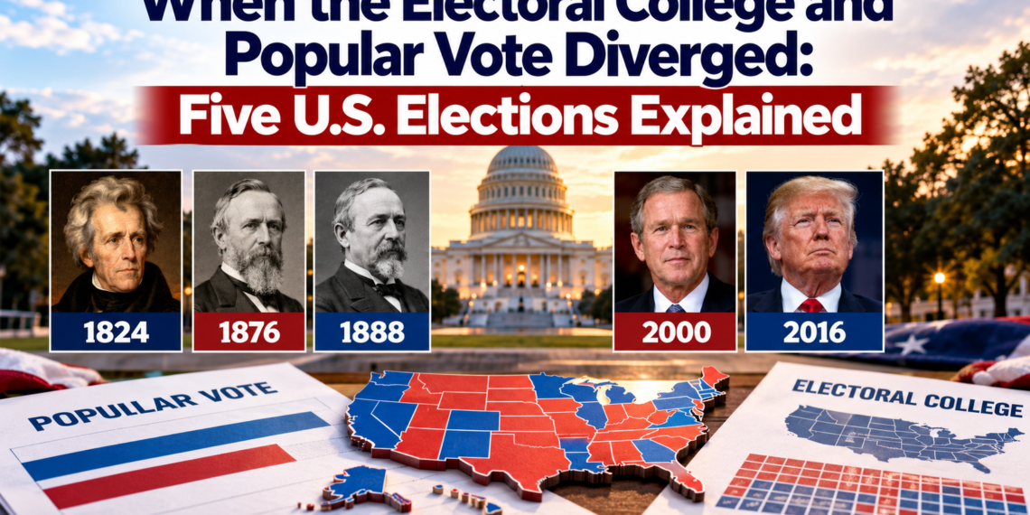 Electoral College vs popular vote in five U.S. presidential elections