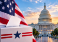 U.S. presidential election illustration featuring a ballot box, American flag, and U.S. Capitol