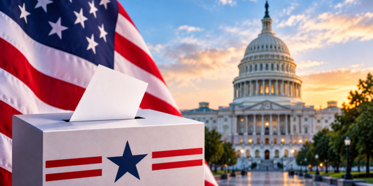 U.S. presidential election illustration featuring a ballot box, American flag, and U.S. Capitol