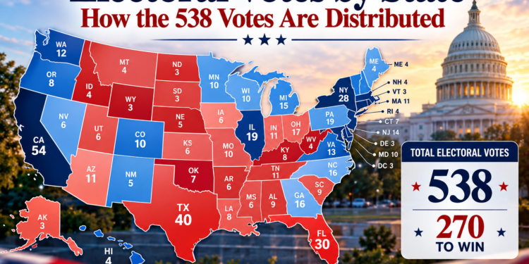 Electoral votes by state showing 538 total votes and 270 needed to win